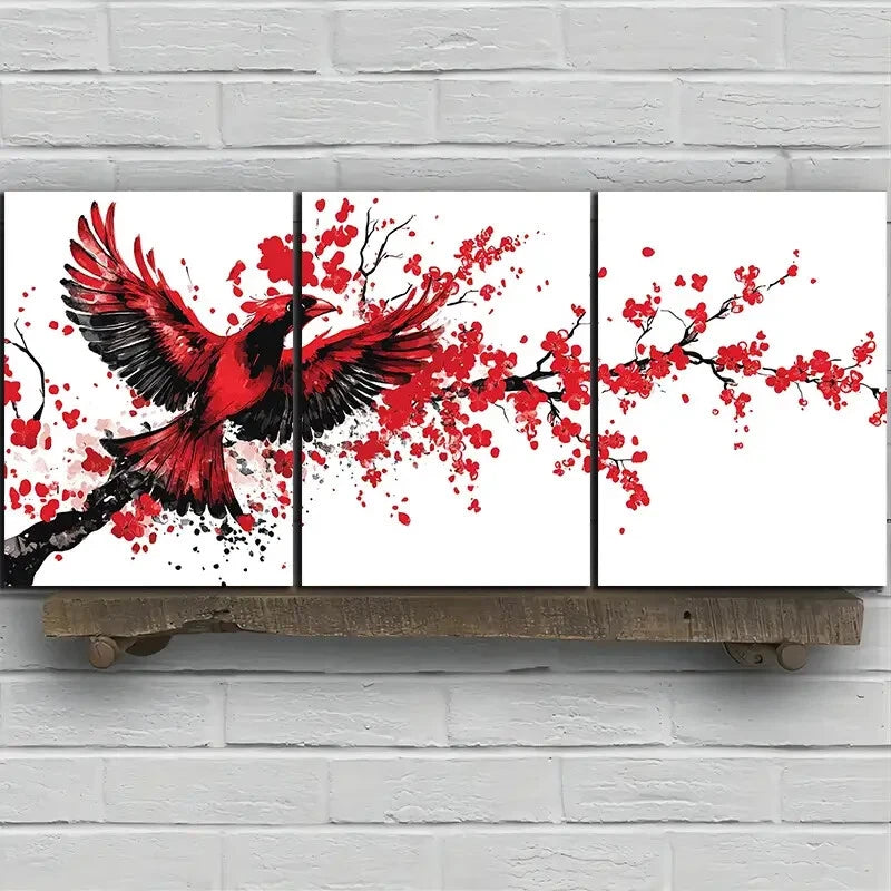 3pcs Birds on Plum Blossom Branches Paintings Metal Print Ready to Hang Art - Bella Home Decor