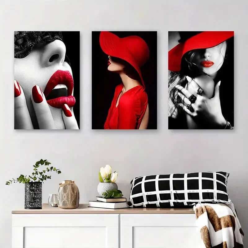 3pcs Chic Red Hat & Lipstick Fashion Perfect Wall Art Set Canvas Framed 40x60cm - High Quality Print 100% Australian Made Wall Canvas Ready to Hang - Bella Home Decor