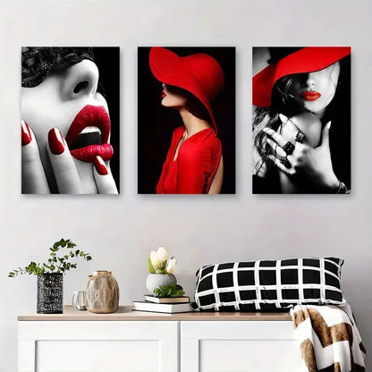 3pcs Chic Red Hat & Lipstick Fashion Perfect Wall Art Set Canvas Framed 40x60cm - High Quality Print 100% Australian Made Wall Canvas Ready to Hang - Bella Home Decor