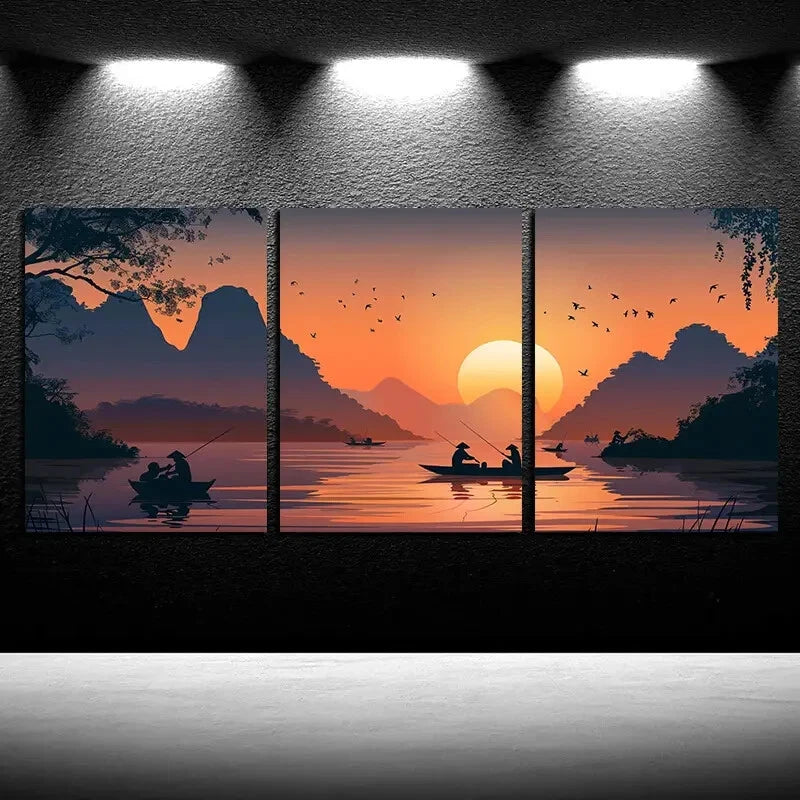 3pcs Fishing Boats on The Sea Surface with Sunset Metal Print Ready to Hang Art - Bella Home Decor
