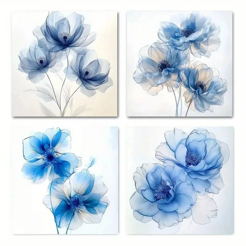 4pcs Modern Blue Floral Wall Art Canvas Framed