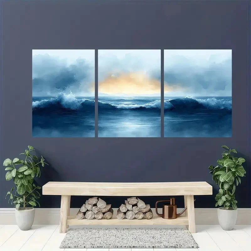 3pcs Ocean Beach Painting in Watercolor Style Metal Print Ready to Hang Art - Bella Home Decor