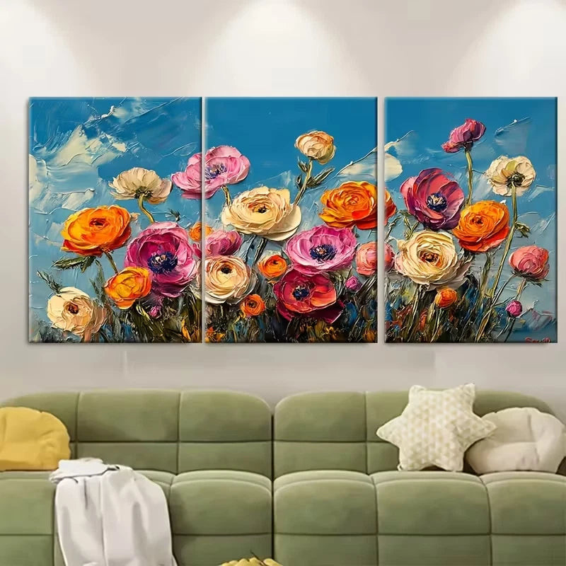 3pcs Flowers Impasto Oil Painting Meadow Metal Print Ready to Hang Art - Bella Home Decor