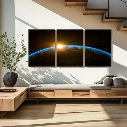 3pcs Sunrise Planet Earth from Outer Space Wall Art Set Canvas Framed 50x70cm - High Quality Print 100% Australian Made Wall Canvas Ready to Hang