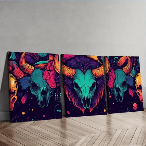 3pcs Deco Skulls and Bison Horns  Wall Art Set Canvas Unframed - High Quality Print 100% Australian Made Wall Canvas - Bella Home Decor