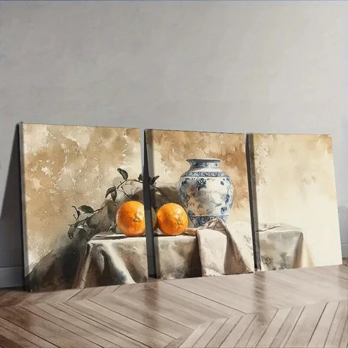 3pcs Still life painting of an old vase Wall Art Set Canvas Unframed - High Quality Print 100% Australian Made Wall Canvas