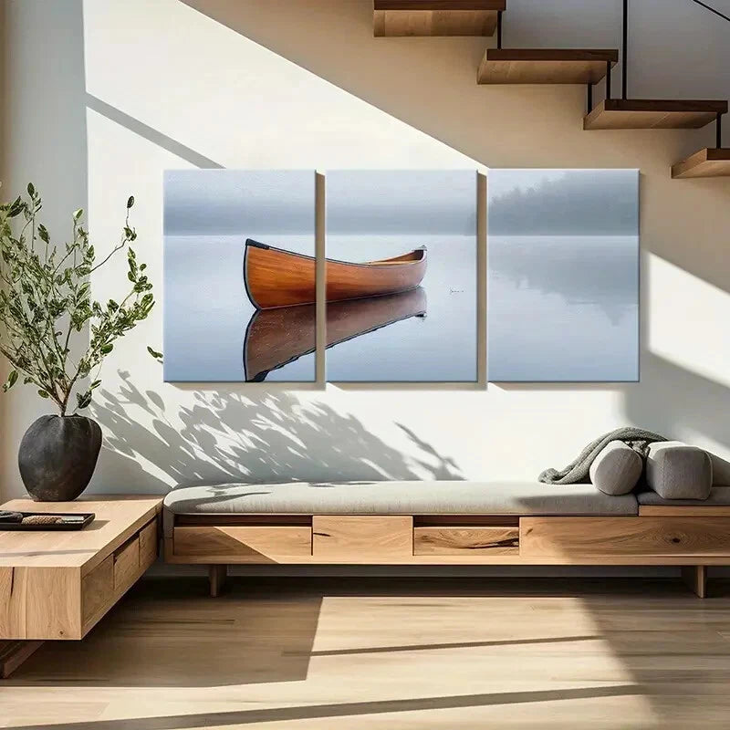 3pcs Tranquil Lake Scene with Wooden Canoe Metal Print Ready to Hang Art - Bella Home Decor
