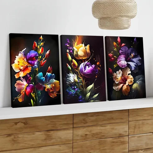 3pcs Colorful Floral Art Elegant Artistic Wall Art Set Canvas Unframed - High Quality Print 100% Australian Made Wall Canvas - Bella Home Decor