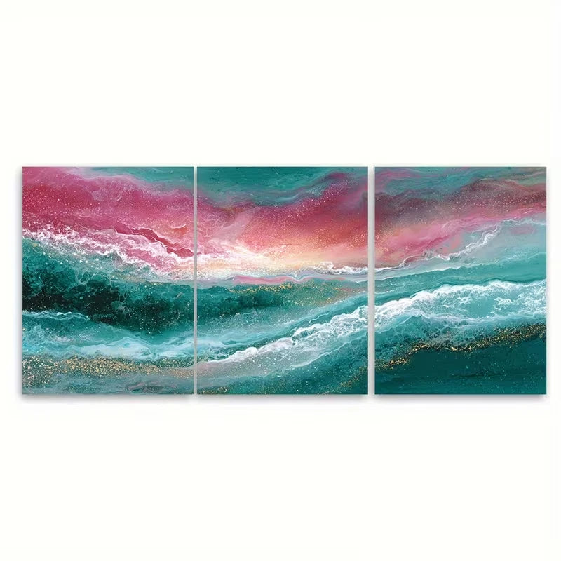 3pcs Abstract Painting, Green Ocean & Pink Clouds Metal Print Ready to Hang Art - Bella Home Decor