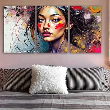 3pcs Vibrant Woman Portrait Spray Paint Artwork Wall Art Set Canvas Framed 50x70cm - High Quality Print 100% Australian Made Wall Canvas Ready to Hang