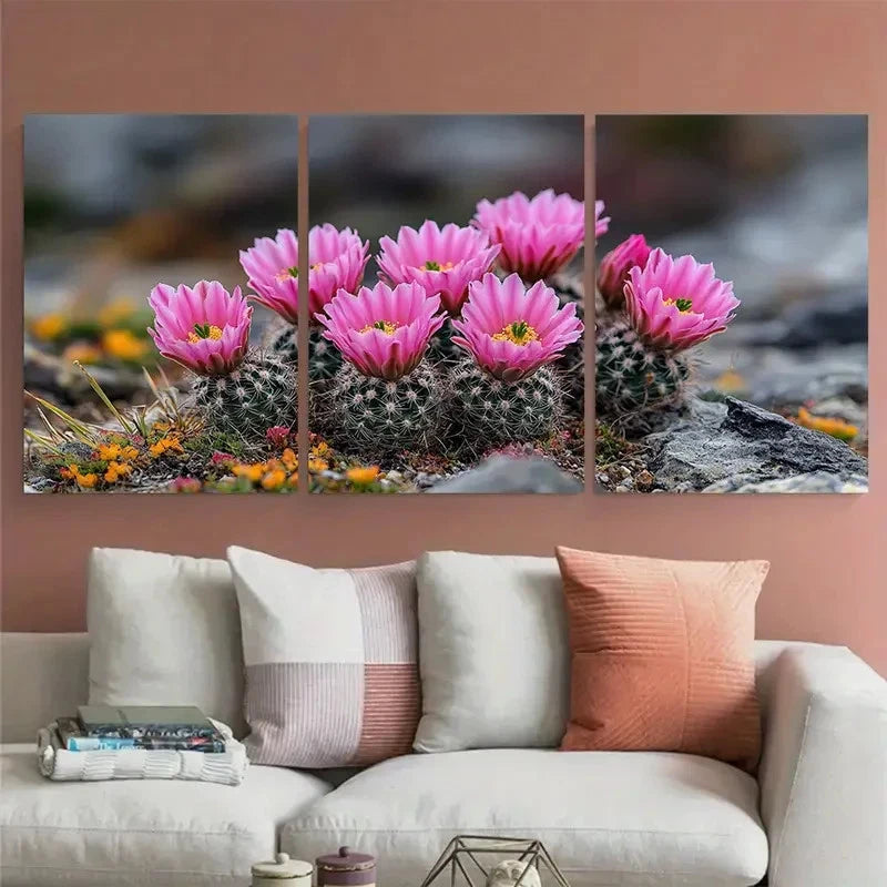 3pcs Cactus Blooming Pink Flower Nature Florals Metal Print Ready to Hang Art