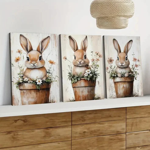 3pcs Cute Little Rabbit Flower Pot Elegant Wall Art Set Canvas Unframed - High Quality Print 100% Australian Made Wall Canvas - Bella Home Decor