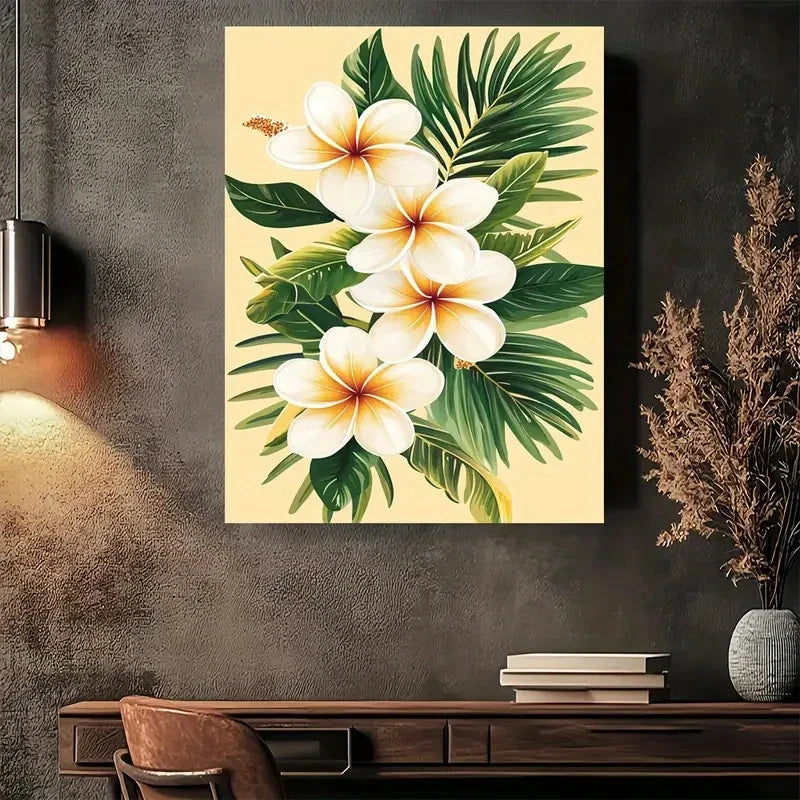 Beautiful Tropical Plumeria Flowers & Green Painting 40x60cm Metal Print Ready to Hang