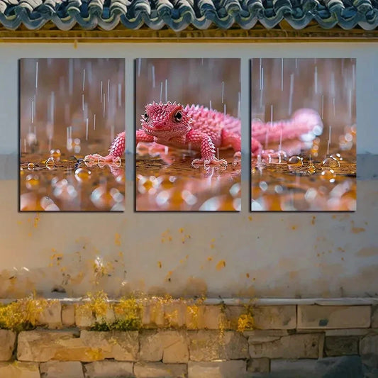 3pcs Vibrant Pink Salamander Illustration Metal Print Ready to Hang Art