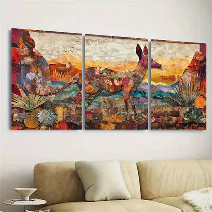 3pcs Vibrant Kanga & Wildlife Wall Art Set Canvas Unframed - High Quality Print 100% Australian Made Wall Canvas - Bella Home Decor