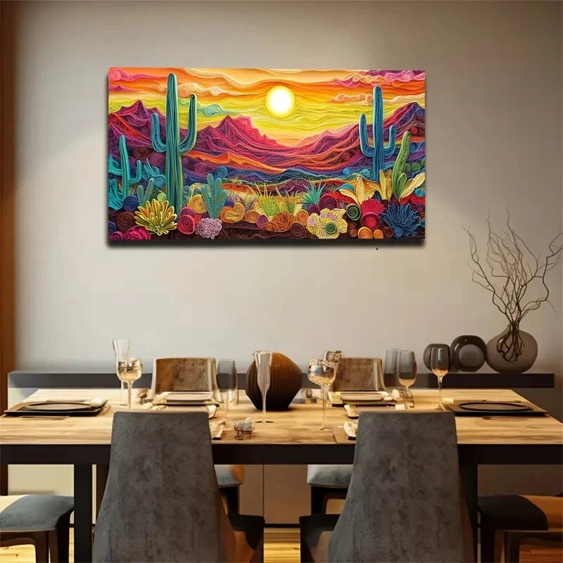 Vibrant Cactus & Mountain Wall Art Canvas Office Home Room Framed 120x60cm - Bella Home Decor