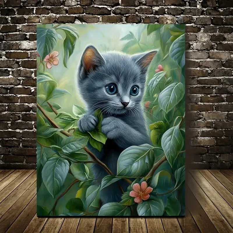 Flowers And Plants Cute Russian Blue Kitten Painting 40x60cm Metal Print Ready to Hang