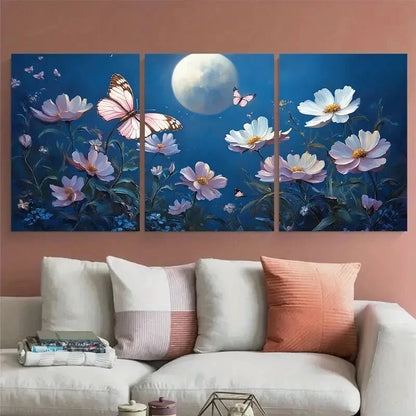3pcs Moonlit Garden with Flowers Butterflies Metal Print Ready to Hang Art - Bella Home Decor