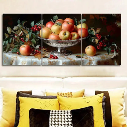 3pcs Silver Bowl Brimming with Apples Wall Art Set Canvas Framed 60x90cm - High Quality Print 100% Australian Made Wall Canvas Ready to Hang