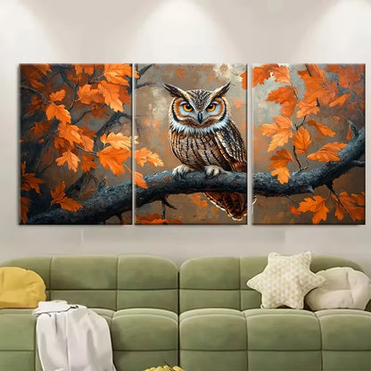 3pcs Autumn Orange Oak Trees Owl Metal Print Ready to Hang Art - Bella Home Decor
