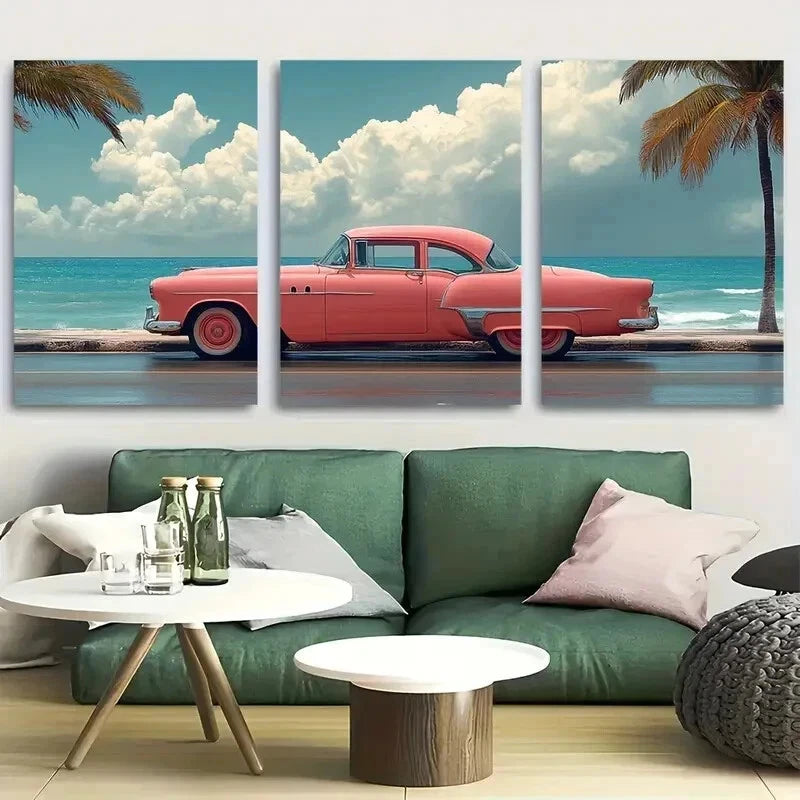 3pcs Vaporwave Aesthetic Cuba Retro 50's car Wall Art Set Canvas Framed 60x90cm - High Quality Print 100% Australian Made Wall Canvas Ready to Hang - Bella Home Decor