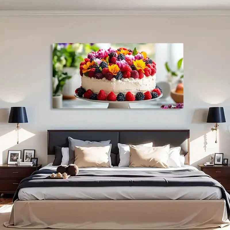 Flowers Berries Cake Dessert Wall Art Canvas Office Home Room Framed 120x60cm - Bella Home Decor