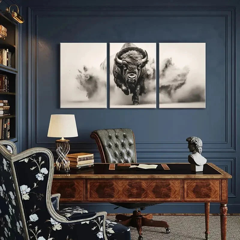 3pcs Powerful Bison Wildlife Art Monochrome Art Metal Print Ready to Hang Art - Bella Home Decor