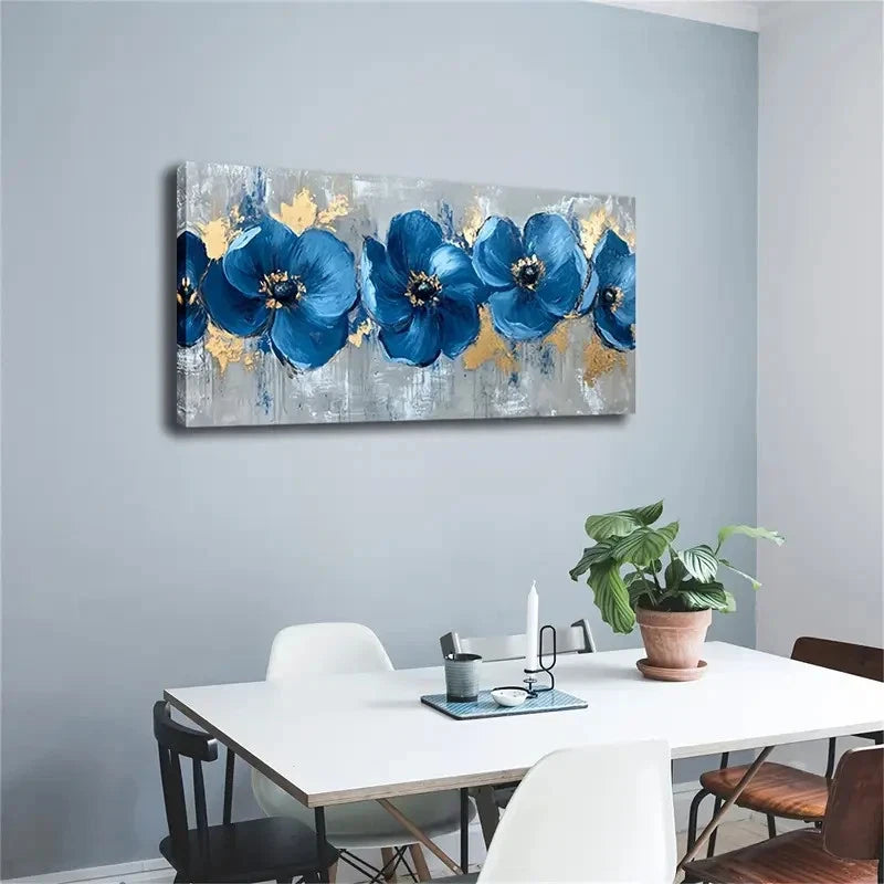 Blue Petals & Golden Accents Wall Art Canvas Office Home Room Framed 120x60cm