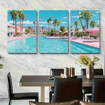 3pcs Retro Palm Springs Pool Swimming Perfect Wall Art Set Canvas Framed 50x70cm - High Quality Print 100% Australian Made Wall Canvas Ready to Hang - Bella Home Decor