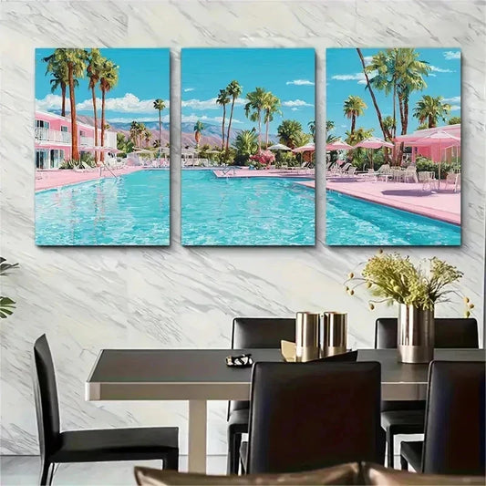 3pcs Retro Palm Springs Pool Swimming Perfect Wall Art Set Canvas Framed 50x70cm - High Quality Print 100% Australian Made Wall Canvas Ready to Hang