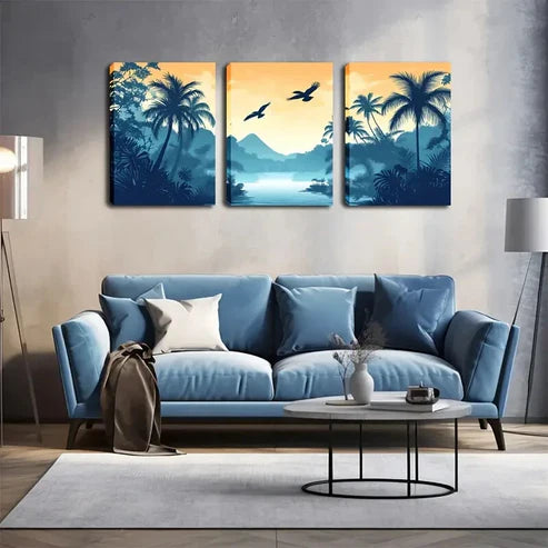 3pcs Coconut Trees Water Orange Sky Perfect Wall Art Canvas Unframed - High Quality Print 100% Australian Made Wall Canvas - Bella Home Decor