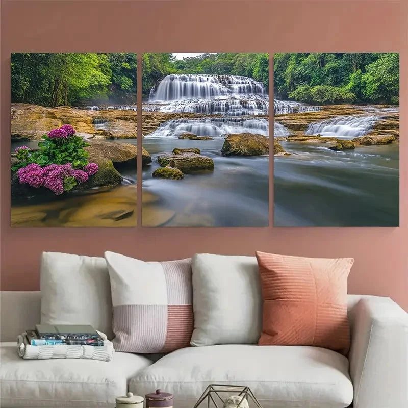3pcs Dunns River Falls Travel Illustration Wall Art Set Canvas Framed 60x90cm - High Quality Print 100% Australian Made Wall Canvas Ready to Hang - Bella Home Decor