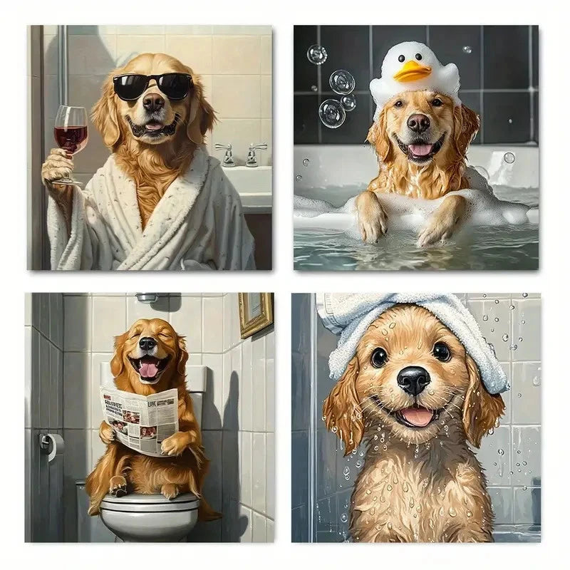 4pcs Funny Golden Retriever Dog Bathroom Wall Art Canvas Framed
