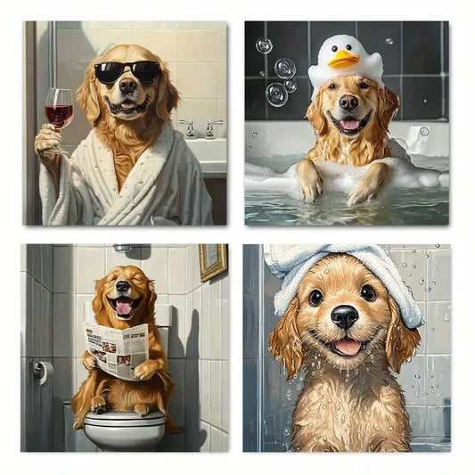 4pcs Funny Golden Retriever Dog Bathroom Wall Art Canvas Framed