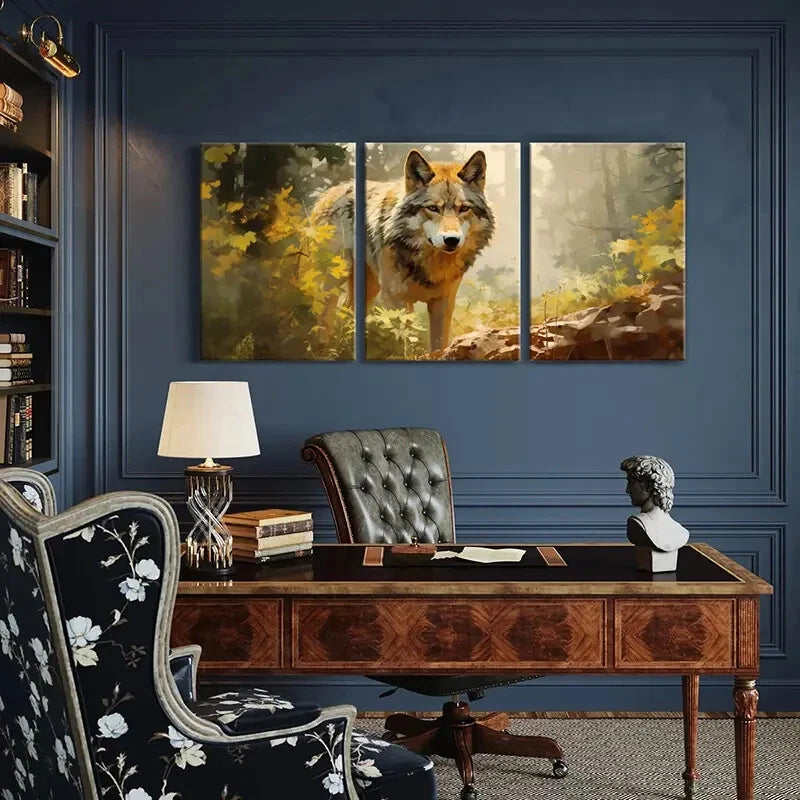 3pcs Wolf Forest Autumn Animal Art Vintage Metal Print Ready to Hang Art - Bella Home Decor