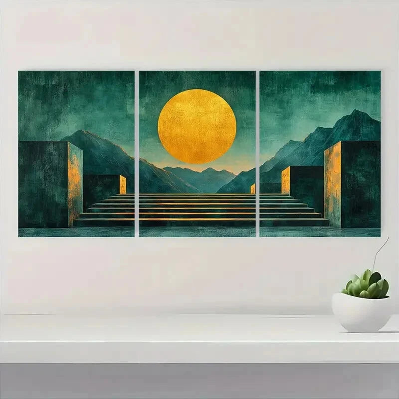 3pcs Minimalist Blue Green Abstract Geometric Metal Print Ready to Hang Art - Bella Home Decor