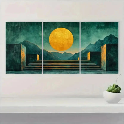 3pcs Minimalist Blue Green Abstract Geometric Metal Print Ready to Hang Art - Bella Home Decor