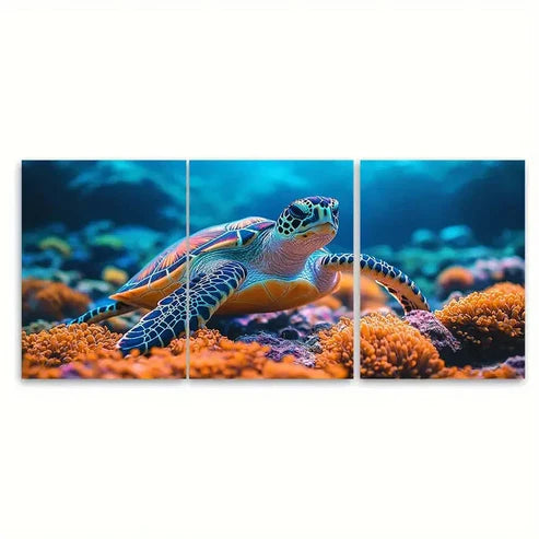 3pcs Wild Sea Turtle Colorful Coral Reef Life Wall Art Set Canvas Unframed - High Quality Print 100% Australian Made Wall Canvas