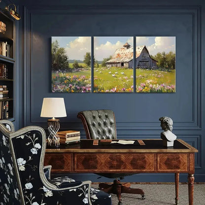 3pcs Vintage Farmhouse Scene with Wildflowers Metal Print Ready to Hang Art - Bella Home Decor