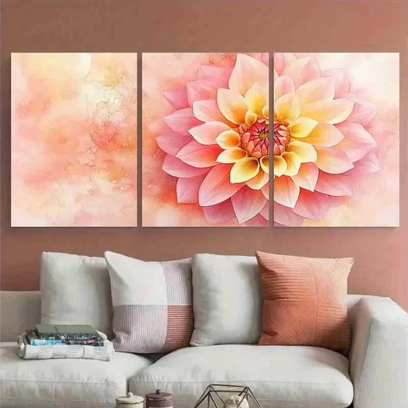 3pcs Soft Pink and Yellow Dahlia Elegant Floral Metal Print Ready to Hang Art - Bella Home Decor