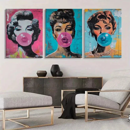 3pcs Pop Art Glamorous Women Gum Blowing Wall Art Canvas Unframed - High Quality Print 100% Australian Made Wall Canvas