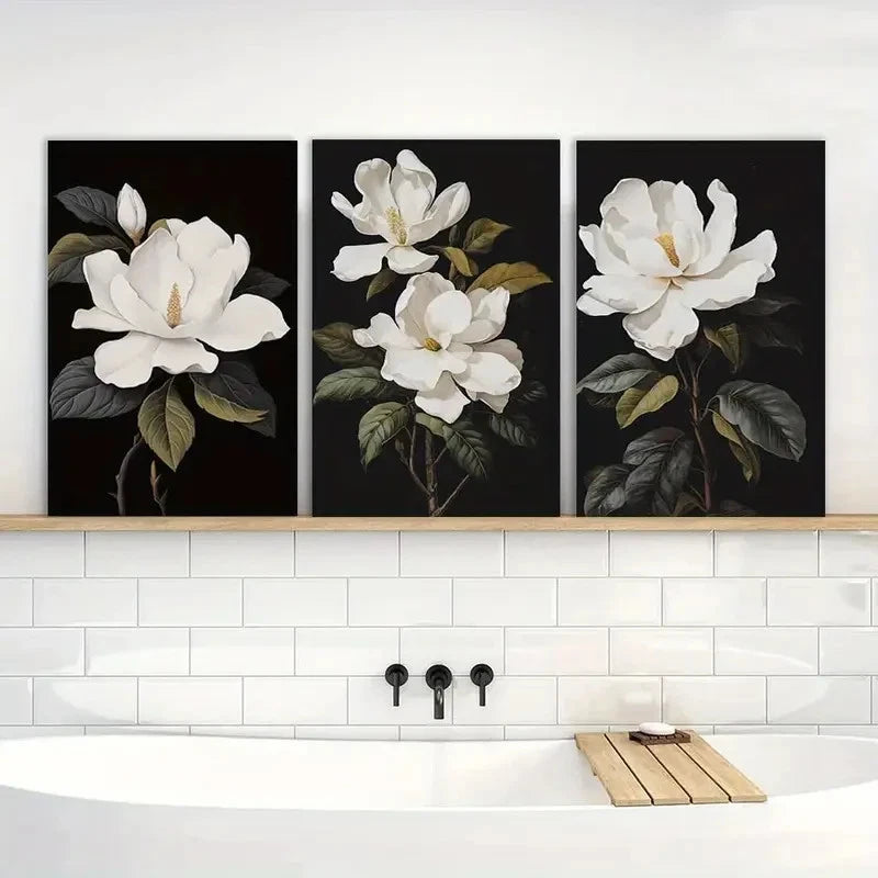 3pcs Magnolia Flower Black and White Floral Metal Print Ready to Hang Art