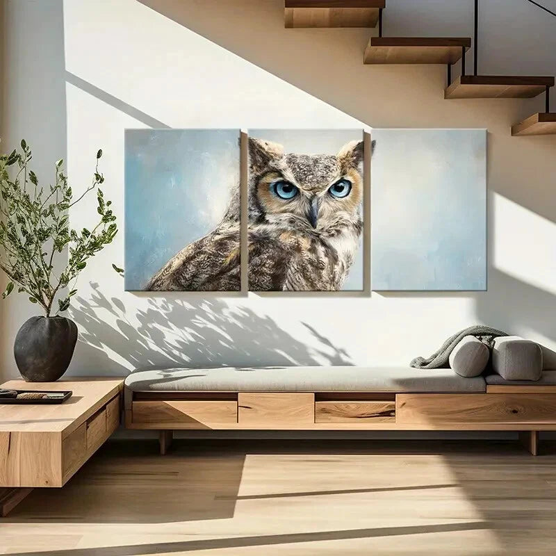 3pcs Owl Portrait Blue Eyes Detailed Feathers Metal Print Ready to Hang Art - Bella Home Decor