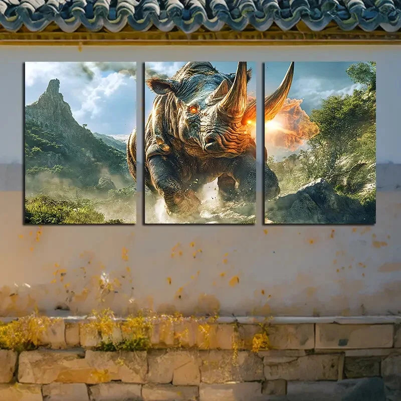 3pcs Savage Rhinoceros Running in the Forest Metal Print Ready to Hang Art - Bella Home Decor