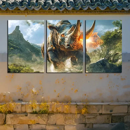 3pcs Savage Rhinoceros Running in the Forest Metal Print Ready to Hang Art - Bella Home Decor