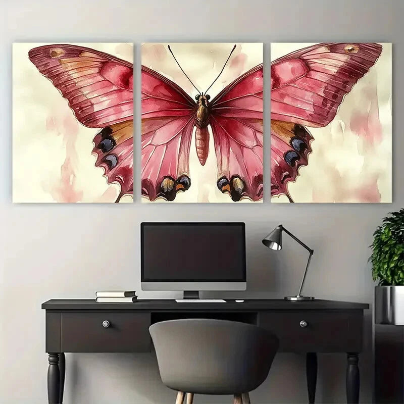3pcs Vintage Pink Butterfly Insect Design Metal Print Ready to Hang Art - Bella Home Decor