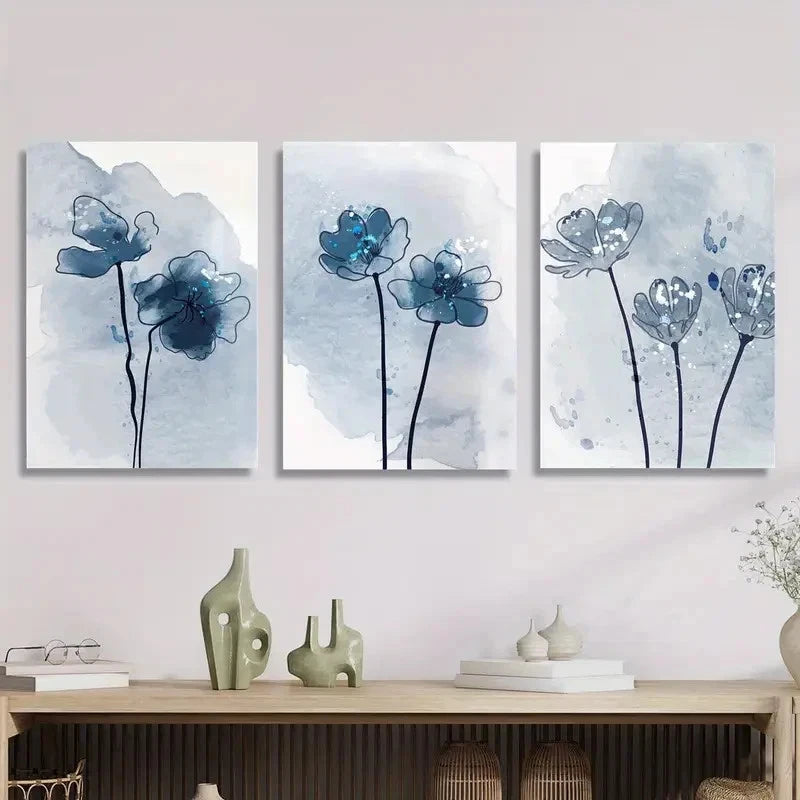 3pcs Blue Botanical Abstract Art Painting Metal Print Ready to Hang Art - Bella Home Decor