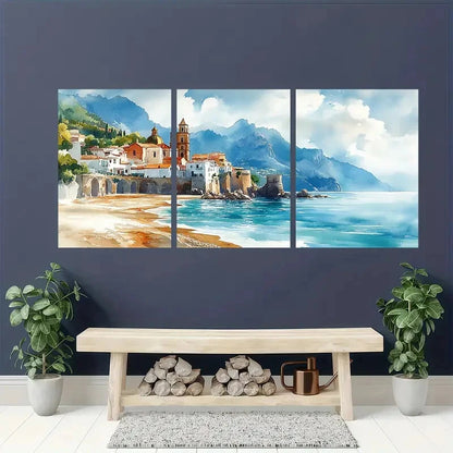 3pcs Atrani Scenic Beach & Mountain View Metal Print Ready to Hang Art - Bella Home Decor