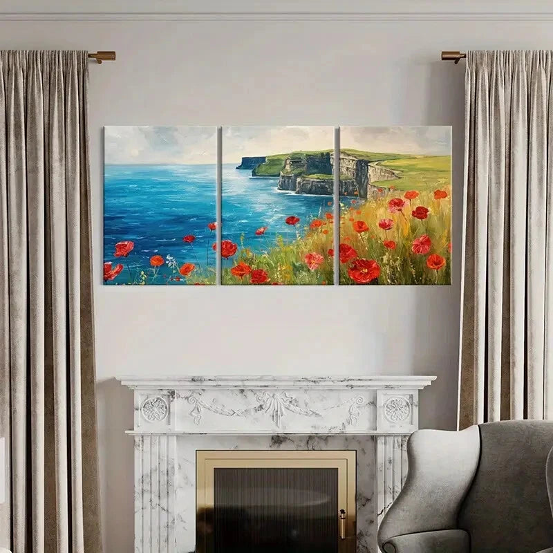 3pcs Artistic Ocean Cliffs Landscape Red Flowers Metal Print Ready to Hang Art - Bella Home Decor