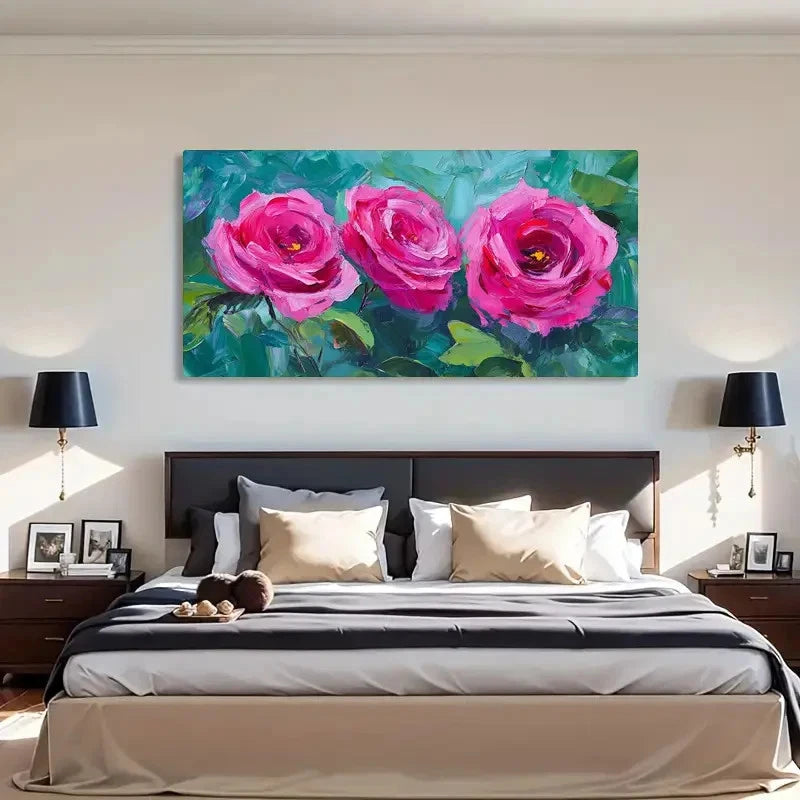 Vibrant Pink Roses Green Décor Wall Art Canvas Office Home Room Framed 120x60cm - Bella Home Decor
